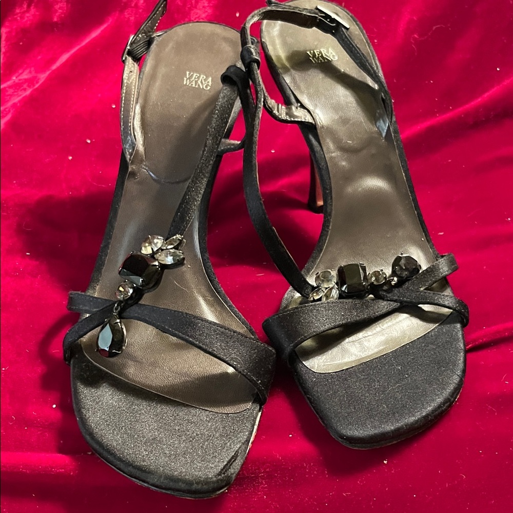 Vera Wang Black Slingback Heels with Gem Accents in Satin & Jewels